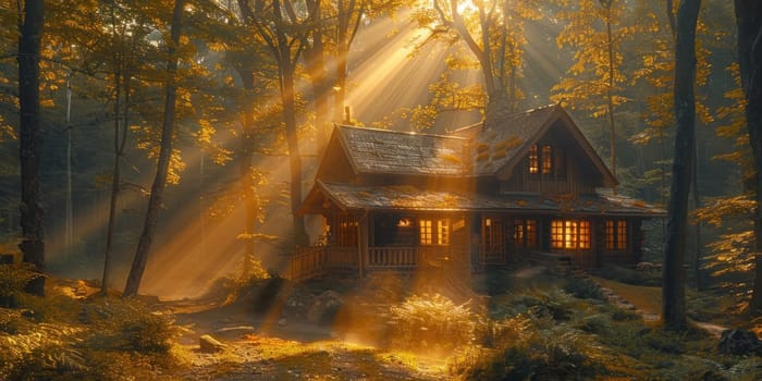 A cabin surrounded by tall trees with sunlight filtering through the branches and leaves.
