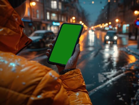 A person holding a phone displaying a vibrant green screen.