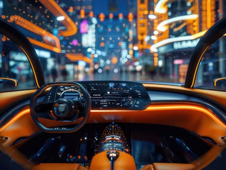Interior view of an electric car cruising through the city streets at night, with illuminated buildings and traffic lights visible through the windshield.