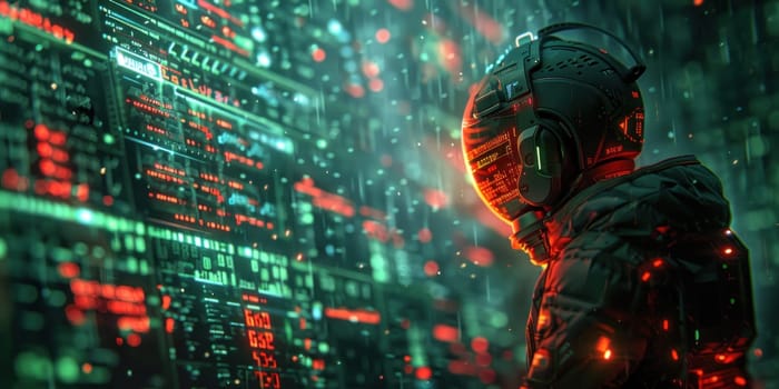A man wearing a futuristic suit stands before a cityscape.