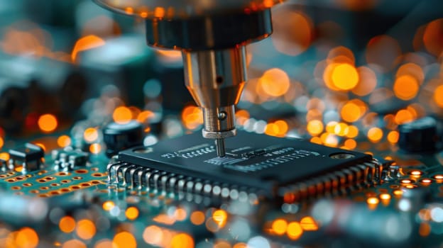 A detailed view of a computer chip with a machine in the background, showcasing technology and precision in manufacturing.