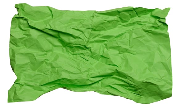 Crumpled green paper sheet on isolated background, close up