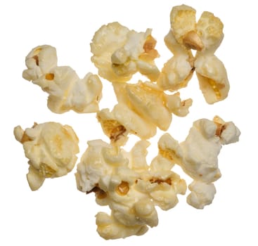 Sweet popcorn on isolated background, top view