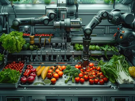 A variety of fruits and vegetables moving on a conveyor belt in a processing facility with robots in action.