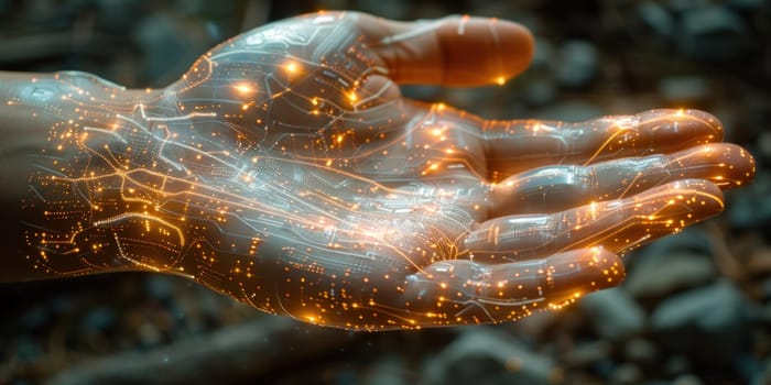 A persons hand with vibrant glowing lights shining on it.