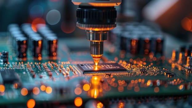 Close-up of robotic machine soldering components on a circuit board in a factory setting.