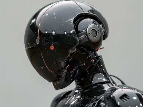 A robot with a helmet on its head, standing still in a mechanical pose.