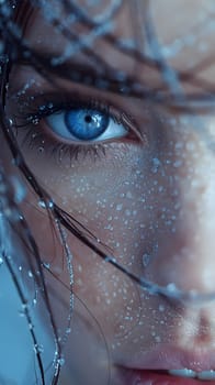 A closeup photo of a womans face with water drops on her eyelashes and wrinkles her electric blue iris and smile look like a piece of art, painting a beautiful image of emotion and vitality