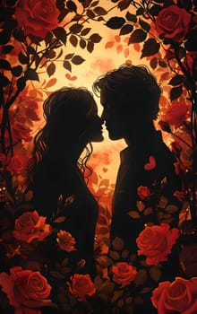 A couple is locked in a loving embrace amidst a garden filled with vibrant red roses, creating a beautiful and romantic scene