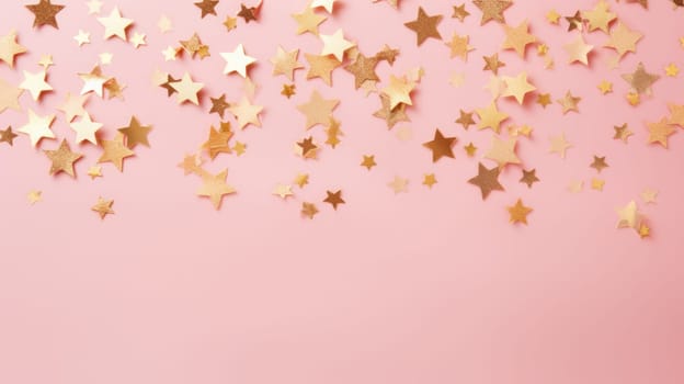 Gold star confetti on a pink background with space for text. Banner, poster, ai