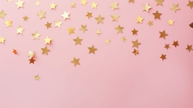 Gold star confetti on a pink background with space for text. Banner, poster, ai