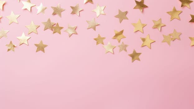 Gold star confetti on a pink background with space for text. Banner, poster, ai