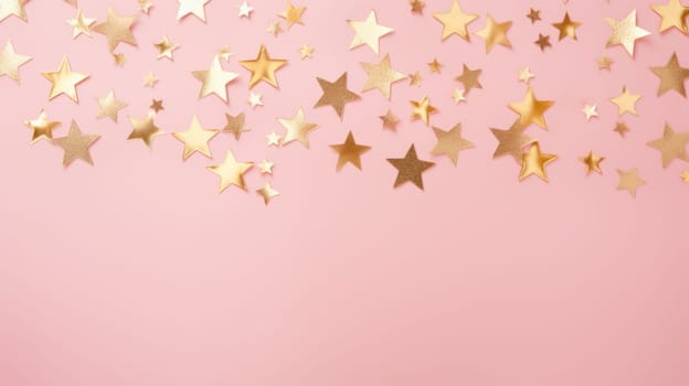 Gold star confetti on a pink background with space for text. Banner, poster, ai