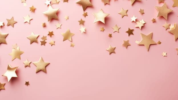 Gold star confetti on a pink background with space for text. Banner, poster, ai