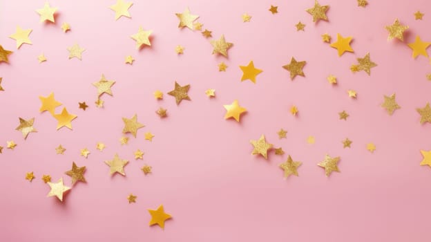 Gold star confetti on a pink background with space for text. Banner, poster, ai