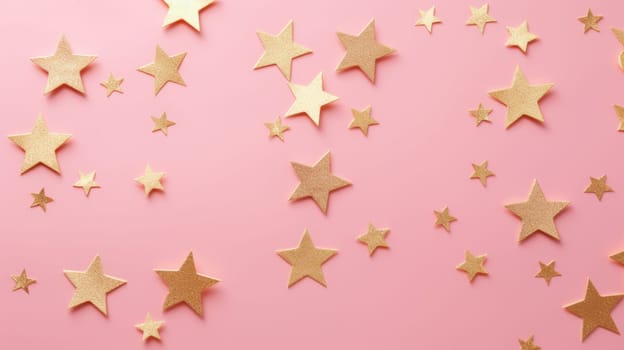 Gold star confetti on a pink background with space for text. Banner, poster, ai