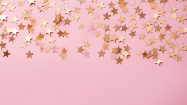 Gold star confetti on a pink background with space for text. Banner, poster, ai