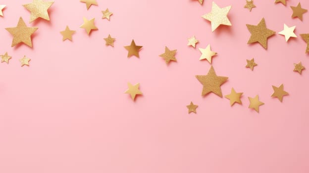 Gold star confetti on a pink background with space for text. Banner, poster, ai