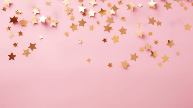 Gold star confetti on a pink background with space for text. Banner, poster, ai