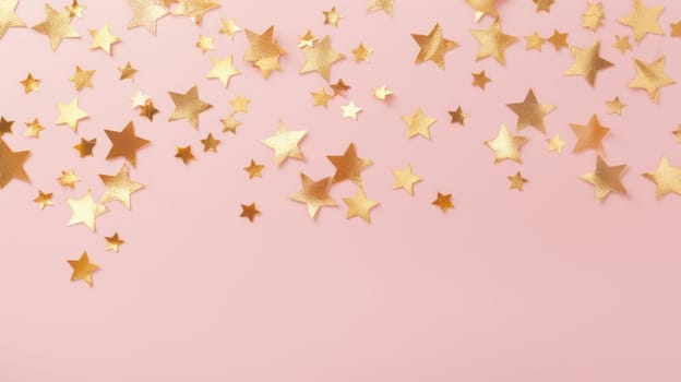 Gold star confetti on a pink background with space for text. Banner, poster, ai