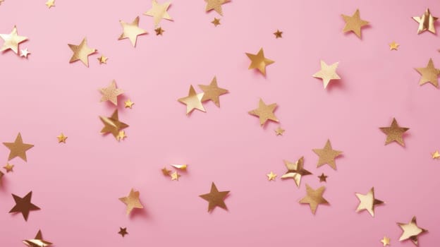 Gold star confetti on a pink background with space for text. Banner, poster, ai