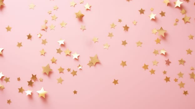 Gold star confetti on a pink background with space for text. Banner, poster, ai