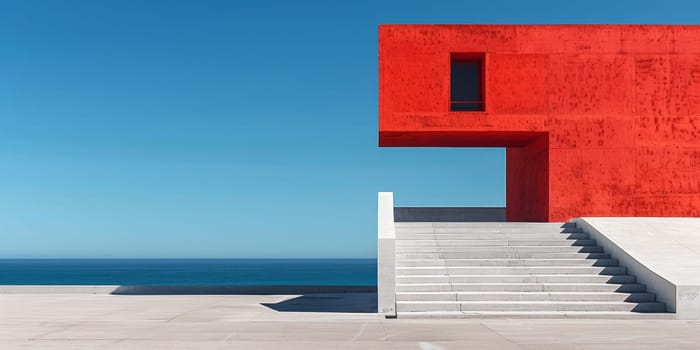 A red building with a window and steps next to the ocean