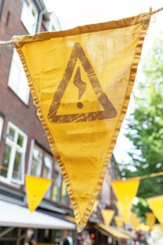 A yellow triangle with a black and white symbol on it