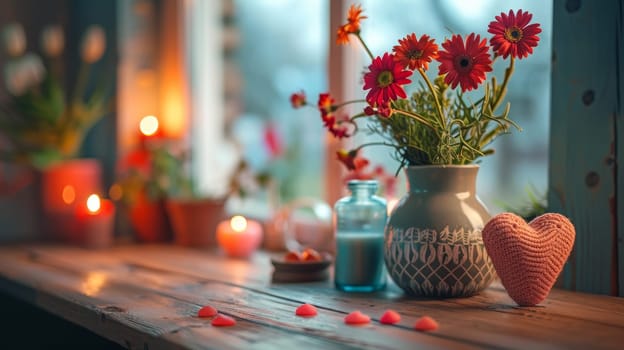 A vase with flowers and a heart on the window sill