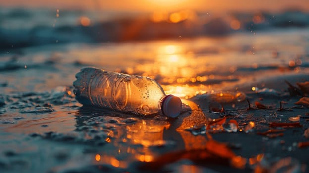 A bottle of water laying on the beach at sunset