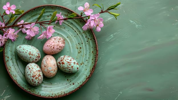 A plate with four eggs and a pink flower on it