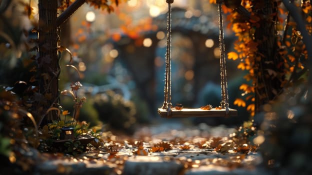 A swing hanging from a tree in the middle of autumn leaves