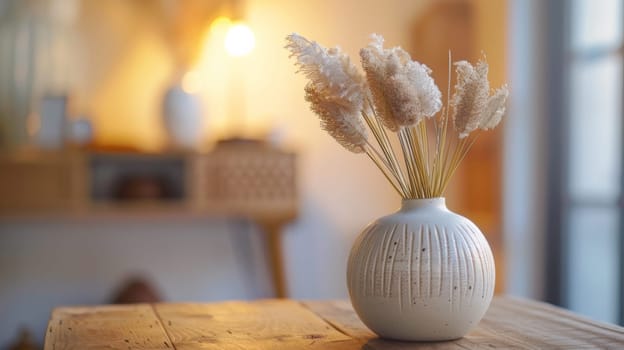 A white vase with dried flowers on a wooden table