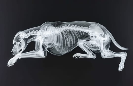 Radiographs, X Ray Picture With Dog's Skeleton for Treatment and Diagnosis. Animal Hospitals, Vet. Pet Scan. AI Generated Puppy Positron Emission Tomography Mockup. Horizontal Plane