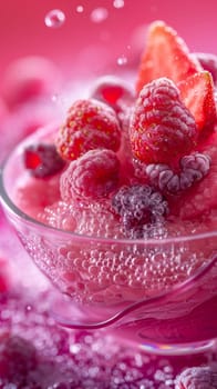 A close up of a bowl filled with berries and ice cream