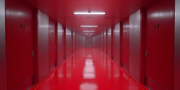 A long hallway with red walls and doors leading to a room