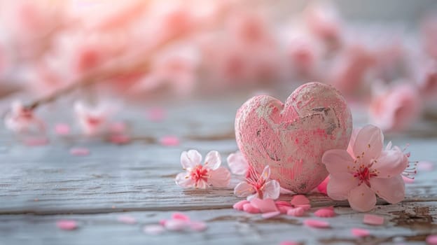 A heart shaped rock and pink flowers on a wooden table