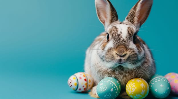 A rabbit sitting in front of a bunch of easter eggs