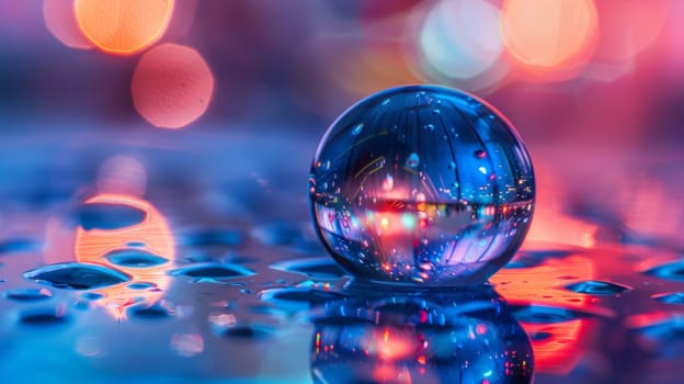 A glass ball sitting on top of a puddle with lights in the background