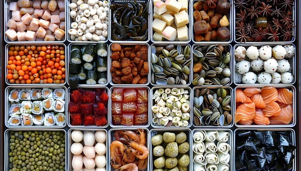 A variety of natural foods and ingredients are displayed in square containers at the market in the city, promoting local cuisine in a public space