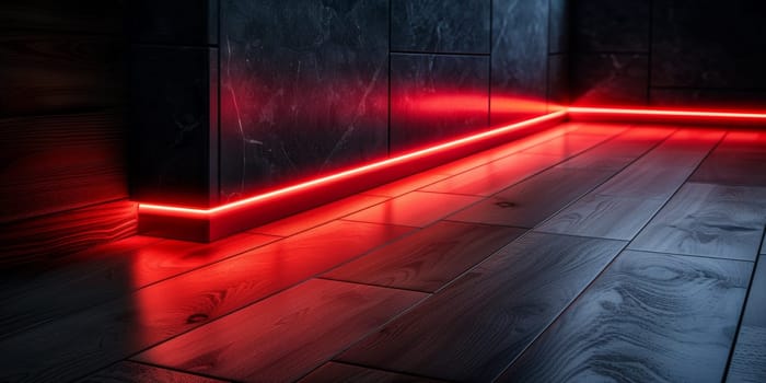 A red light is shining on a wooden floor in the dark