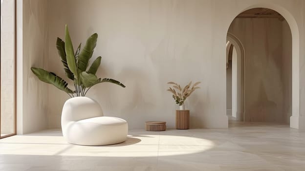 A white chair sitting in a room with some plants