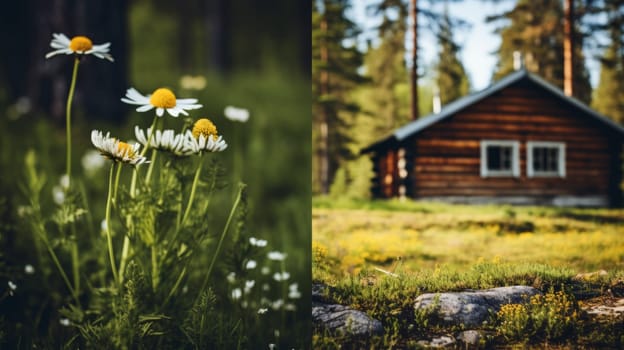A picture of a small cabin and some flowers in the woods