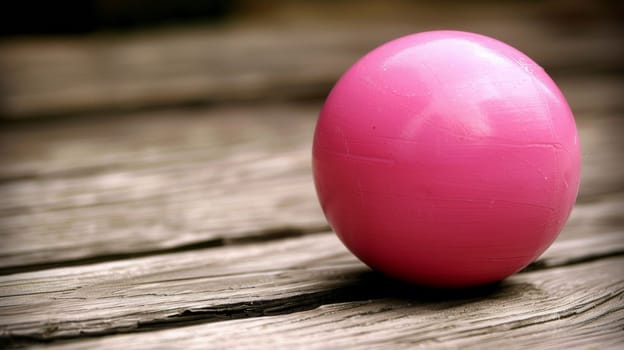 A pink egg sitting on a wooden table with the sun shining through