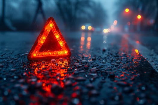 A red triangle on the ground in front of a car