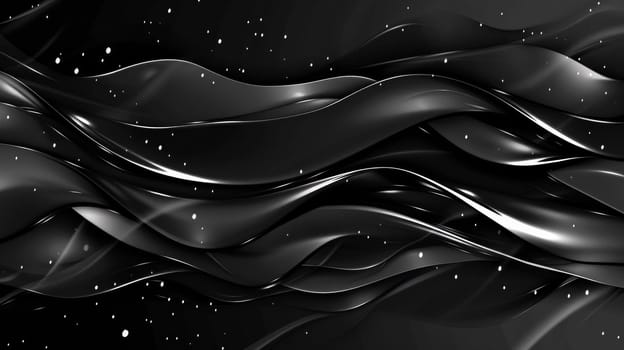 A black and white abstract background with waves of shiny silver