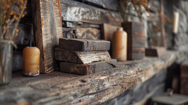 A wooden logs are stacked on a shelf next to candles