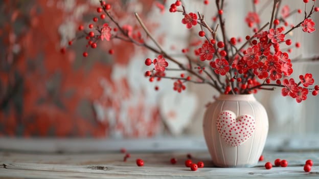 A vase with red flowers and a heart shaped decoration on top