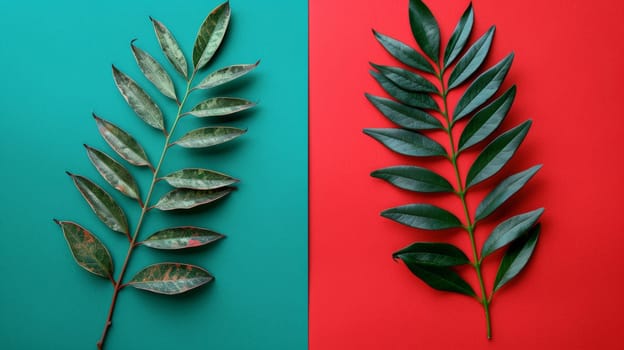 Two different colored leaves on a red and green background