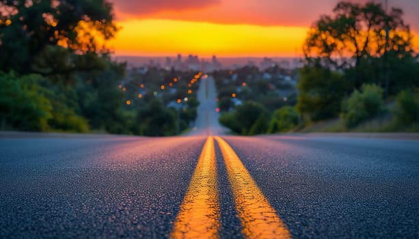 The perspective of the road against the background of sunset and the cityscape. High quality photo